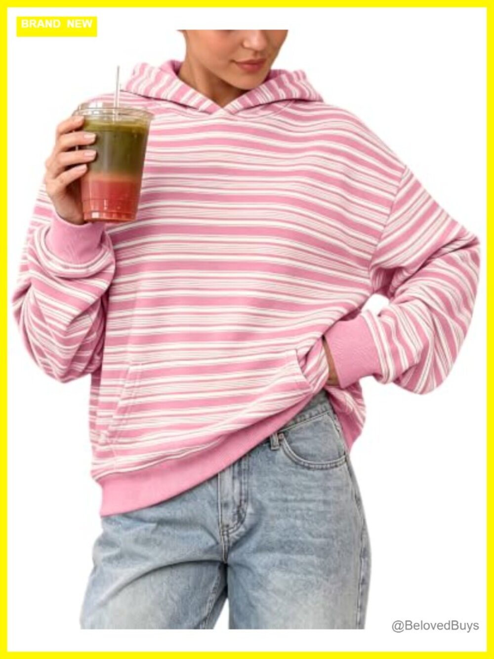 Oversized Striped Fleece Hoodie Drop Shoulder Loose Fit Pullover